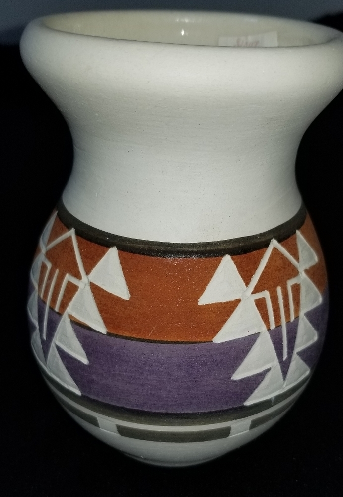 Sioux Pottery vase cream purple orange American Native design